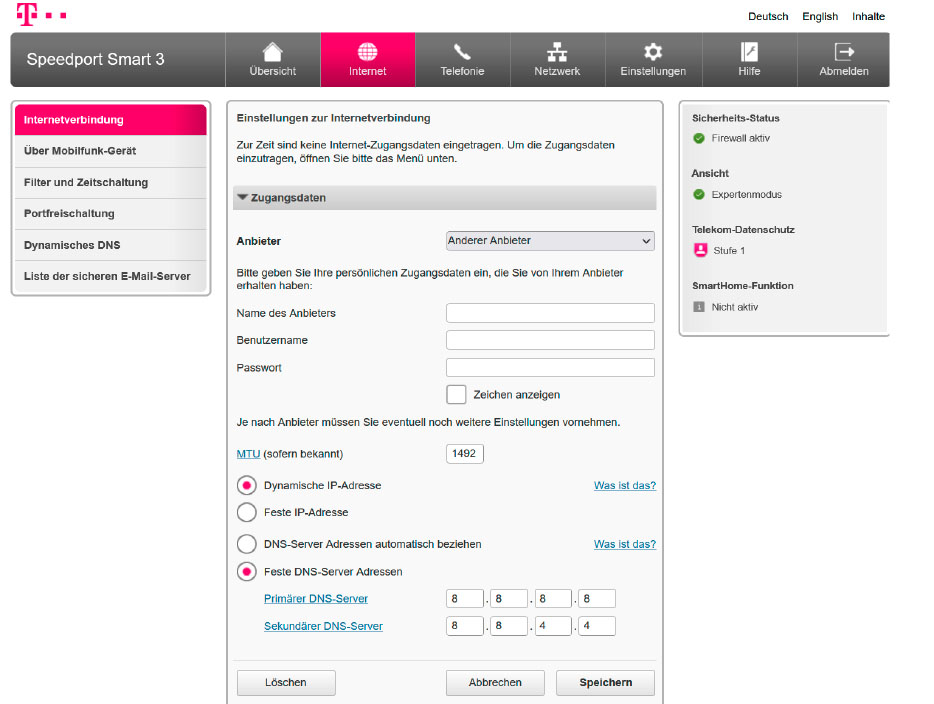 Bei einem Speedport-Router lässt sich ein alternativer DNS-Server erst einstellen, wenn Sie im Routermenü die Option „Anderer Anbieter“ aktivieren.