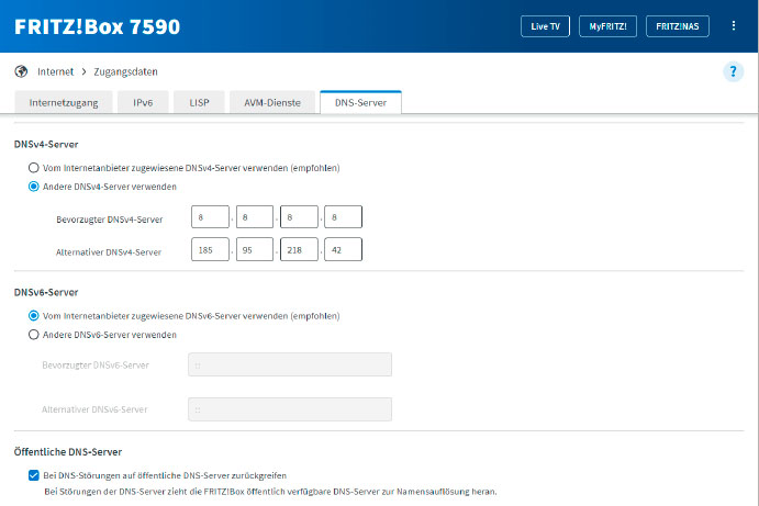 Ab Fritz-OS 7.50 können Sie die Fritzbox anweisen, dass sie beim Ausfall eines eingetragenen DNS-Servers automatisch auf einen verfügbaren öffentlichen DNS-Server umschaltet, damit die Onlineverbindung nicht abbricht.