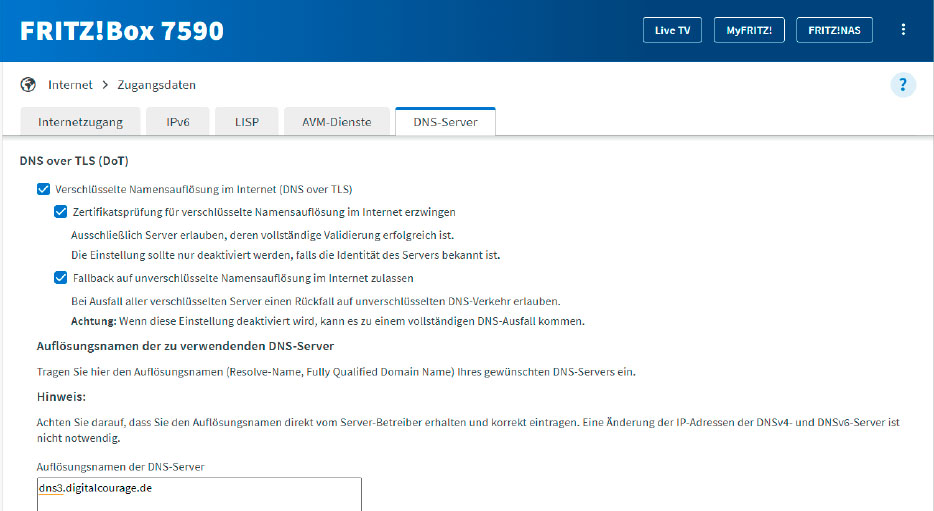 Für verbesserten Schutz beim Zugriff auf einen DNS-Server sorgt DNS over TLS, das sich zum Beispiel in einer Fritzbox aktivieren lässt. Der Router überträgt dann seine Abfragen verschlüsselt an den DNS-Resolver.