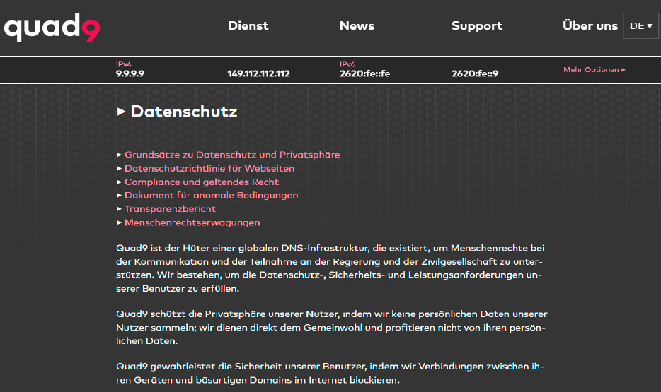 Wie der Anbieter eines öffentlichen DNS-Servers mit Ihren Daten umgeht, sollte er ausführlich auf seiner Webseite darlegen: Diesen Angaben müssen Sie Glauben schenken.