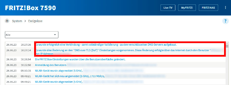 Im Routerprotokoll meldet die Fritzbox, wenn sie eine erfolgreiche verschlüsselte Verbindung zu einem DNS-Server hergestellt hat, der DNS over TLS unterstützt. Auch wenn die Verbindung nicht mehr besteht, bekommen Sie einen Hinweis in der Logdatei.