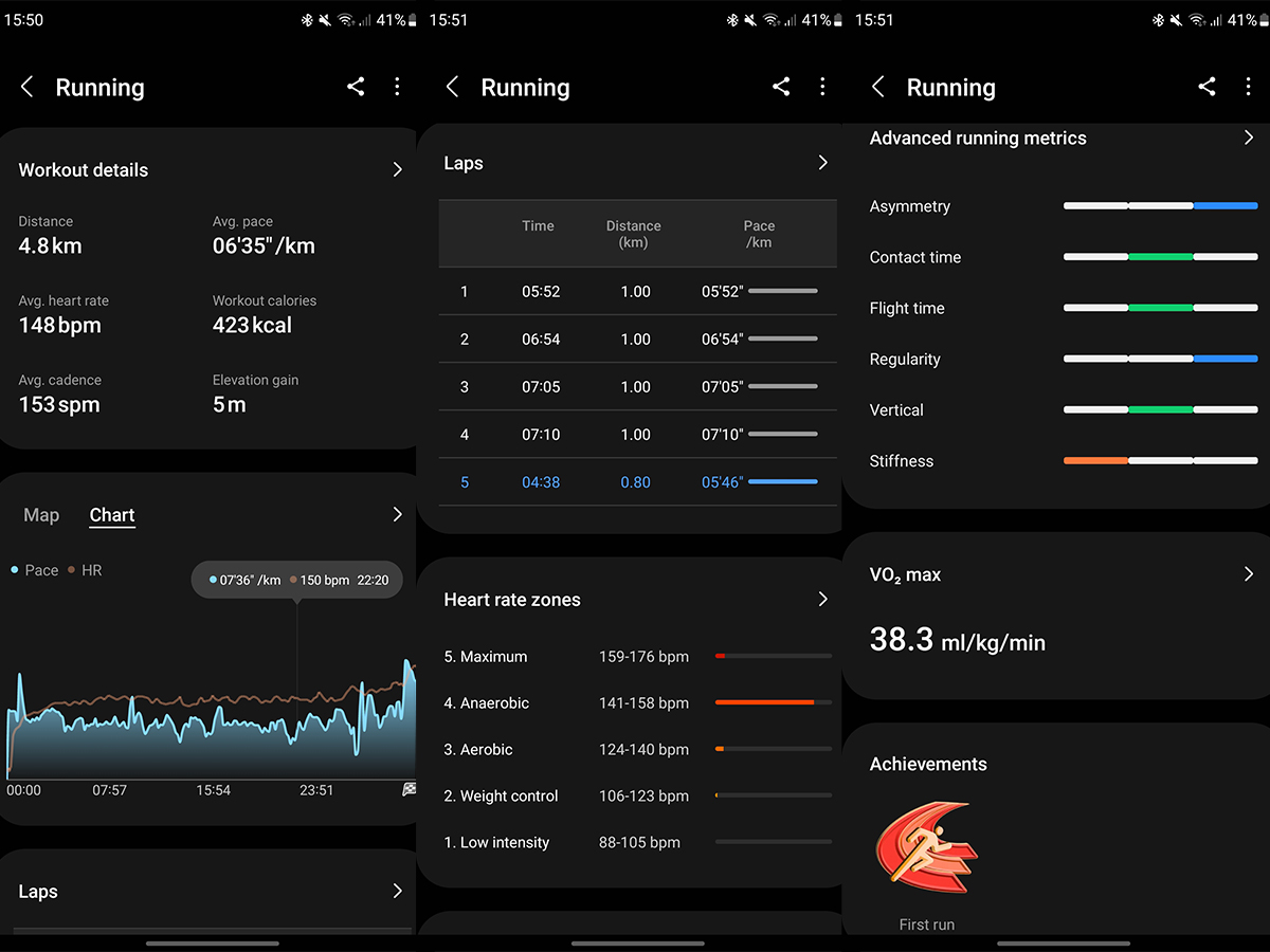 Samsung Health app running data