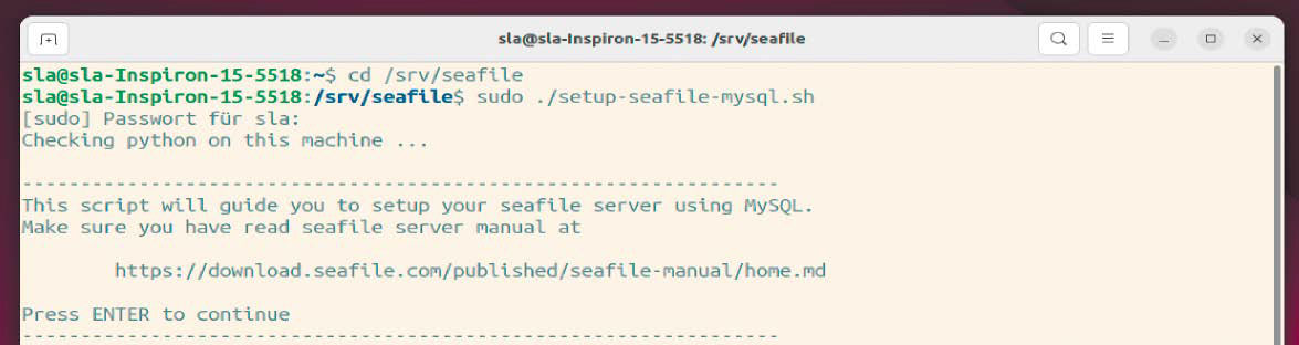 Sind die Voraussetzungen geschaffen, können Sie das Installations- Script aufrufen. Das erfragt dann automatisch die Daten für die Seafile- Installation.