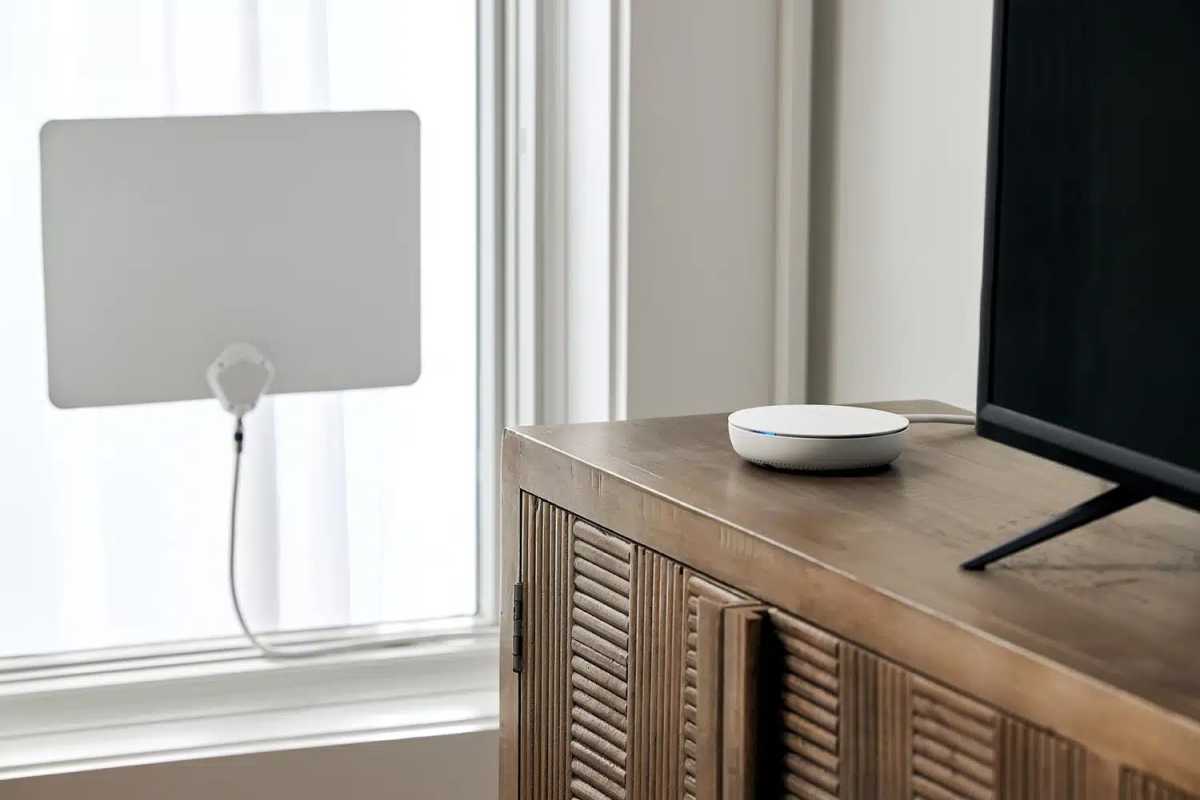 Tablo fourth-gen DVR on TV stand with antenna in the window