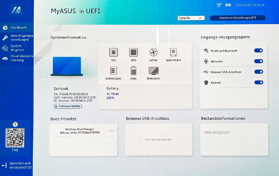 Uefi-Startseiten liefern schnell Informationen zu den eingebauten Komponenten – etwa CPU, GPU, eingebaute Speicher oder bei Laptops auch zum Akku. Integrierte Benchmarks ermöglich sogar Tests von Komponenten. Dazu lassen sich vielfach Grundfunktionen an- und abschalten – etwa WLAN oder externe USB-Ports.