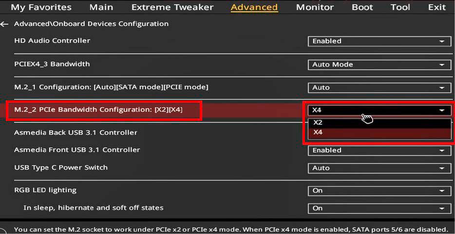 Indem Sie im Uefi die Bandbreite des M.2-Steckplatzes vergrößern, erhöhen Sie die Leistung der NVMe-SSD. Erst durch diese Maßnahme kann der Flashspeicher auf sein Maximaltempo kommen.