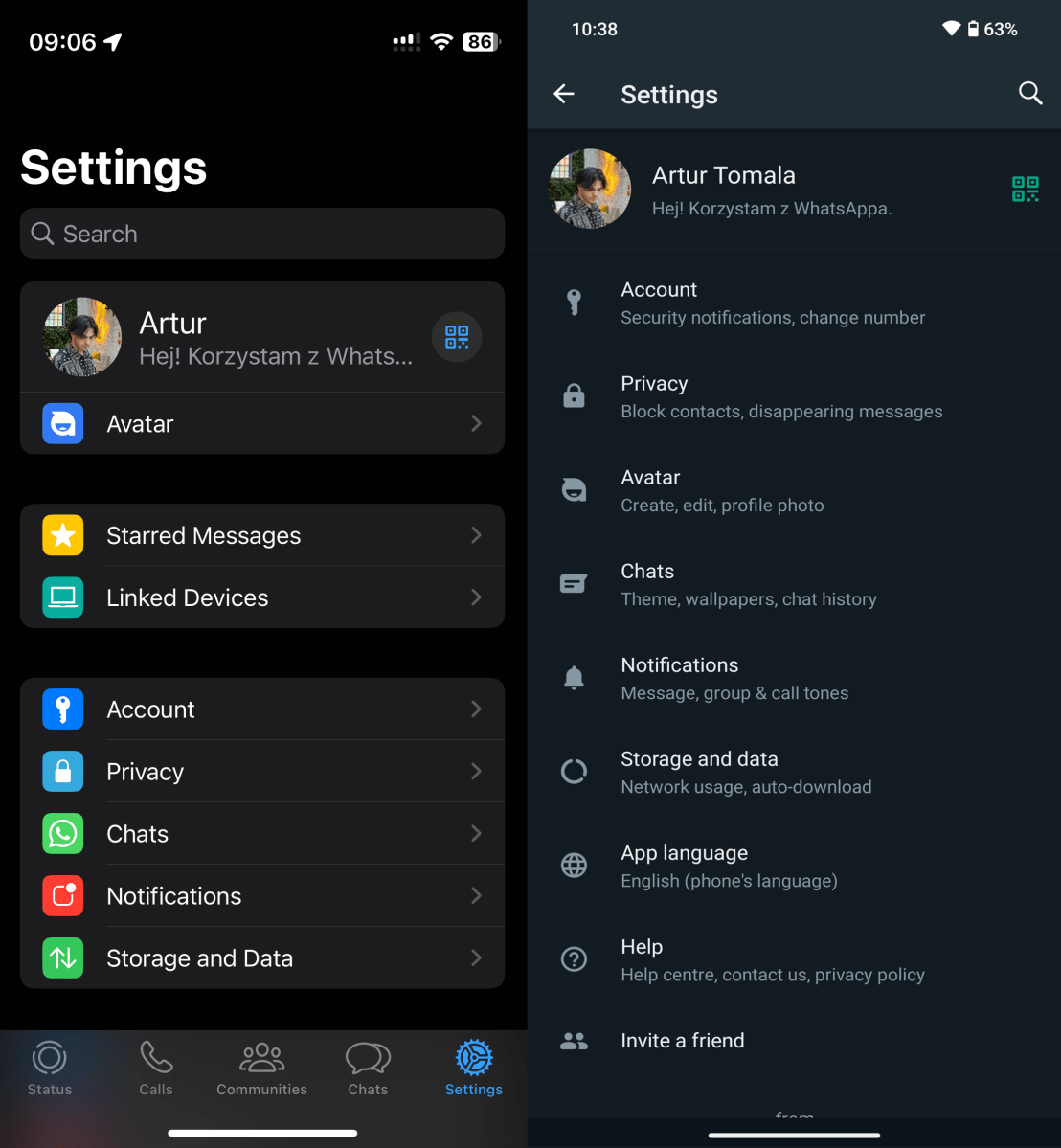 Screenshots of WhatsApp's in-app settings