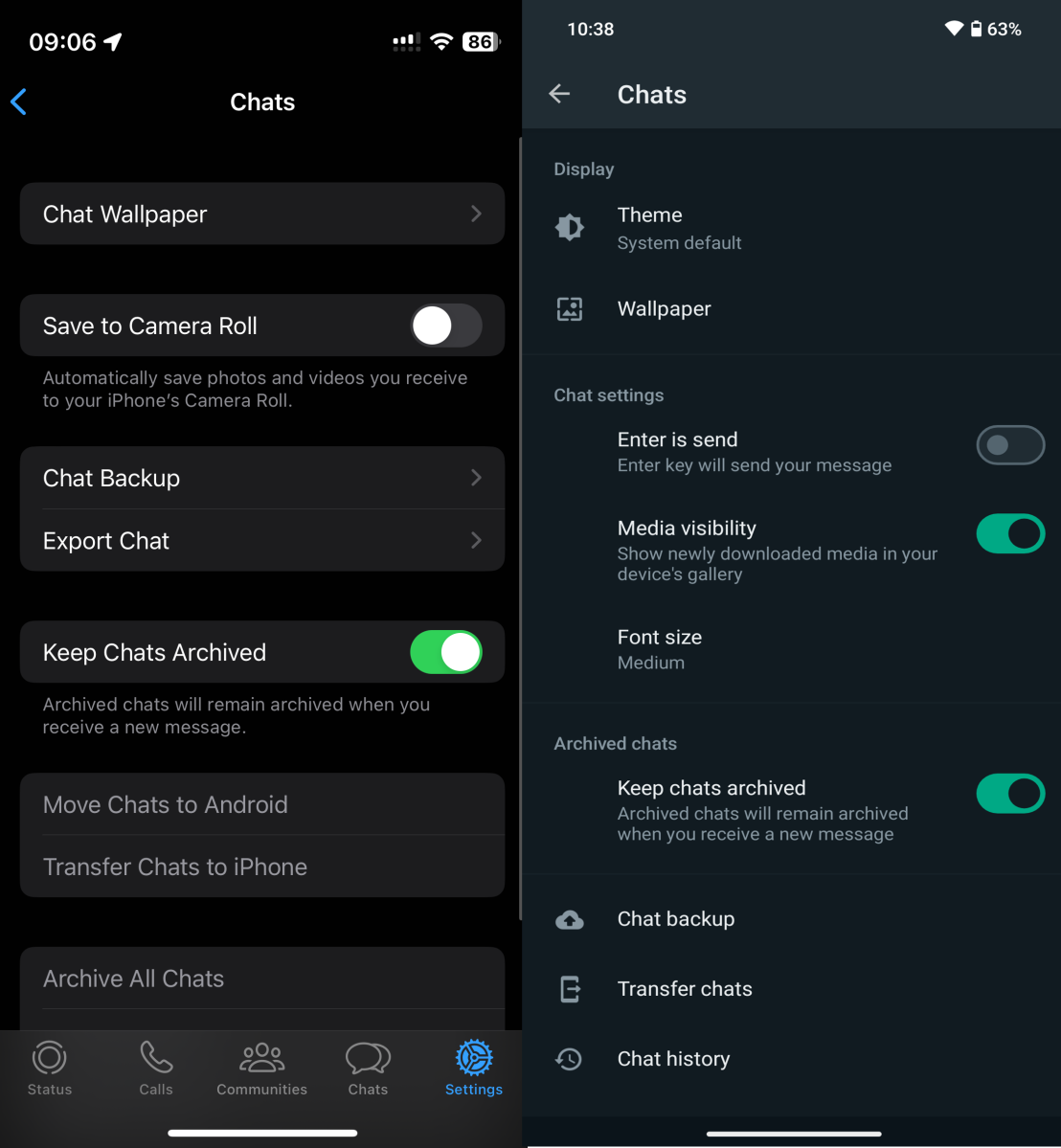 Screenshots of WhatsApp's Chatssettings