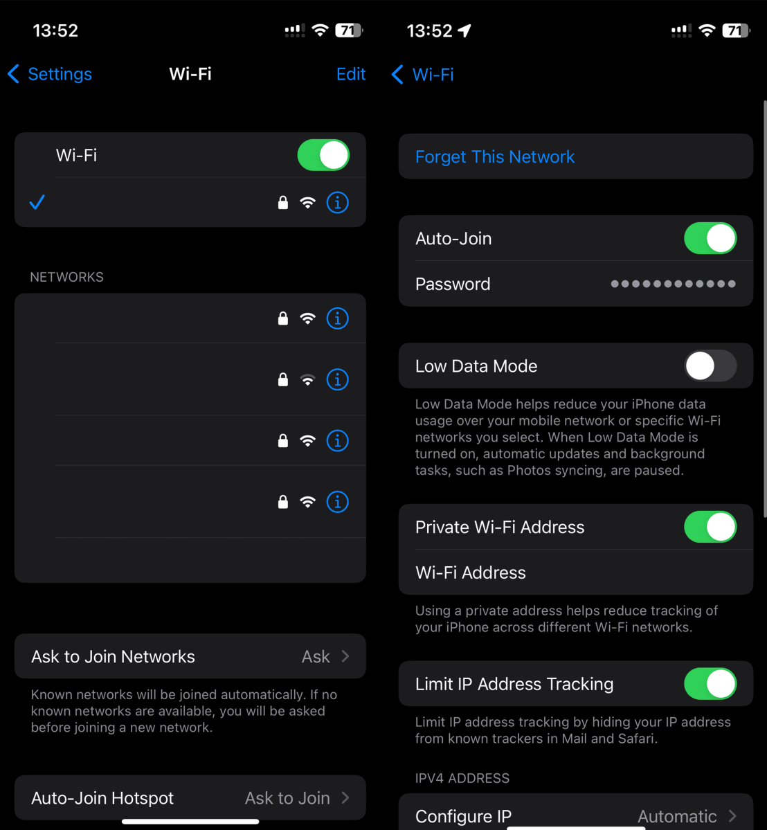 A screenshot of iOS Wi-Fi settings