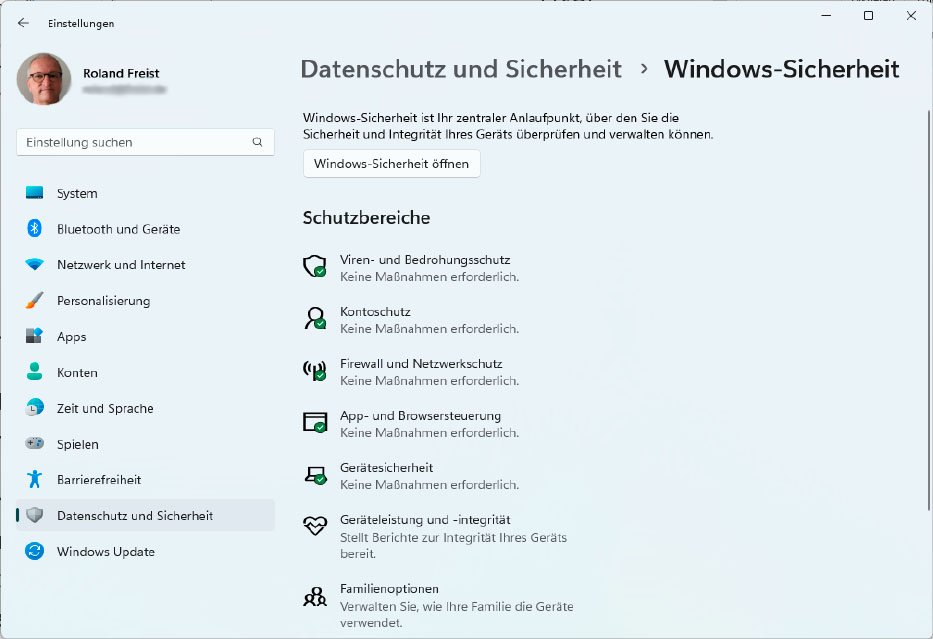Im Register „Windows-Sicherheit“ finden Sie einige der elementaren Sicherheitseinstellungen von Windows, darunter die Optionen für den Virenschutz, die Firewall und den Kontoschutz.