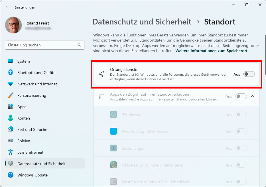 Bei einem Desktop-PC sollten Sie die „Ortungsdienste“ des Betriebssystems deaktivieren, so dass weder Apps noch Microsoft Ihren Standort abfragen können.
