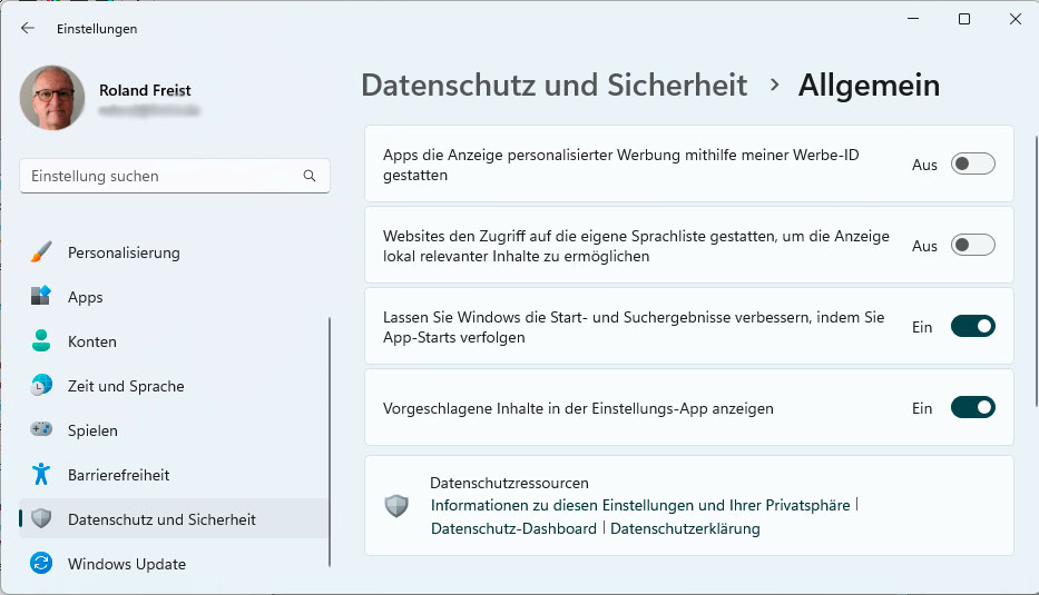 Unter „Datenschutz und Sicherheit –› Allgemein“ stehen einige der wichtigsten Datenschutz-Optionen. Deaktivieren Sie vor allem die Nutzung der Werbe-ID durch die installieren Apps.