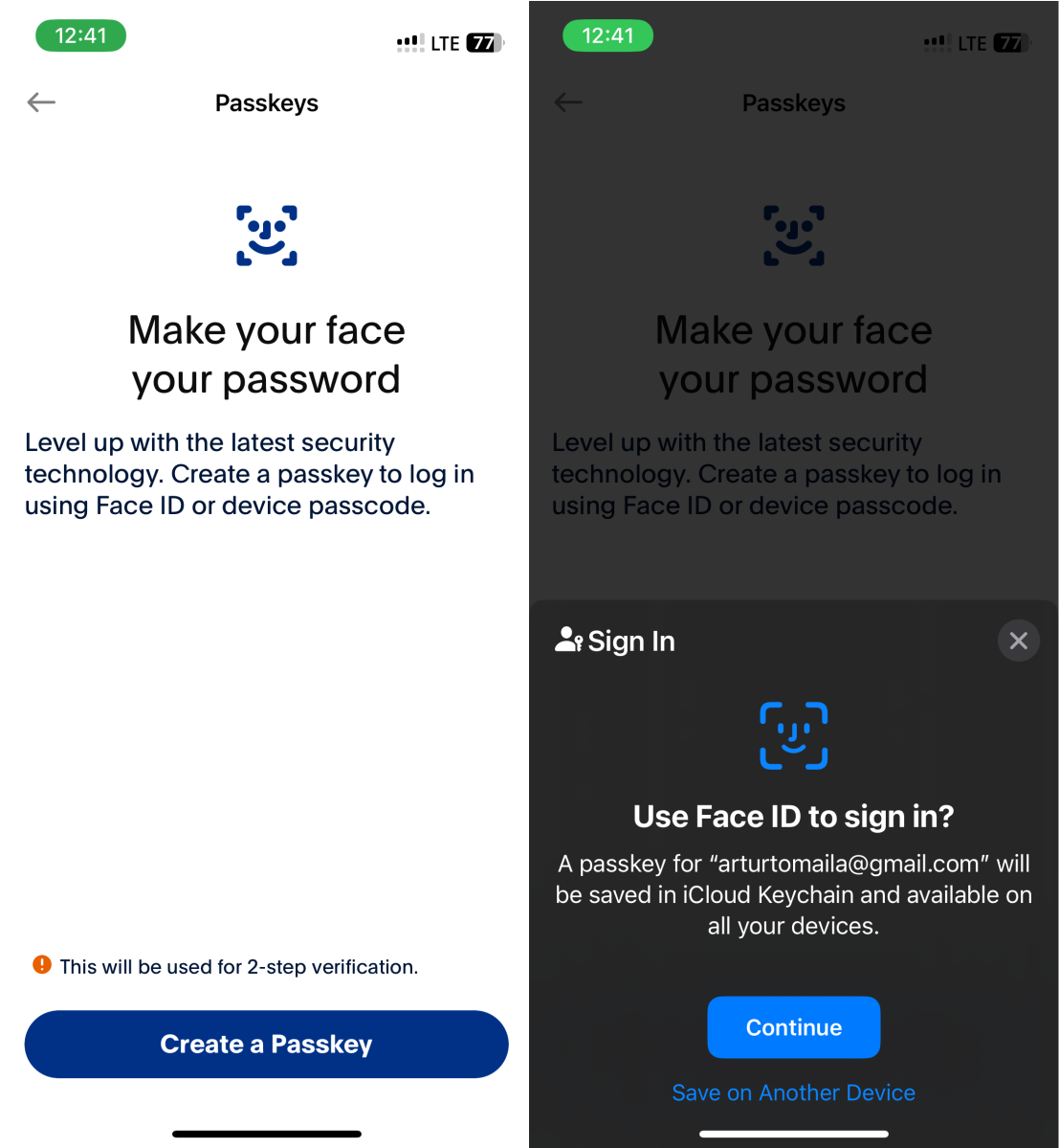 Screenshots of settings passkey on iOS