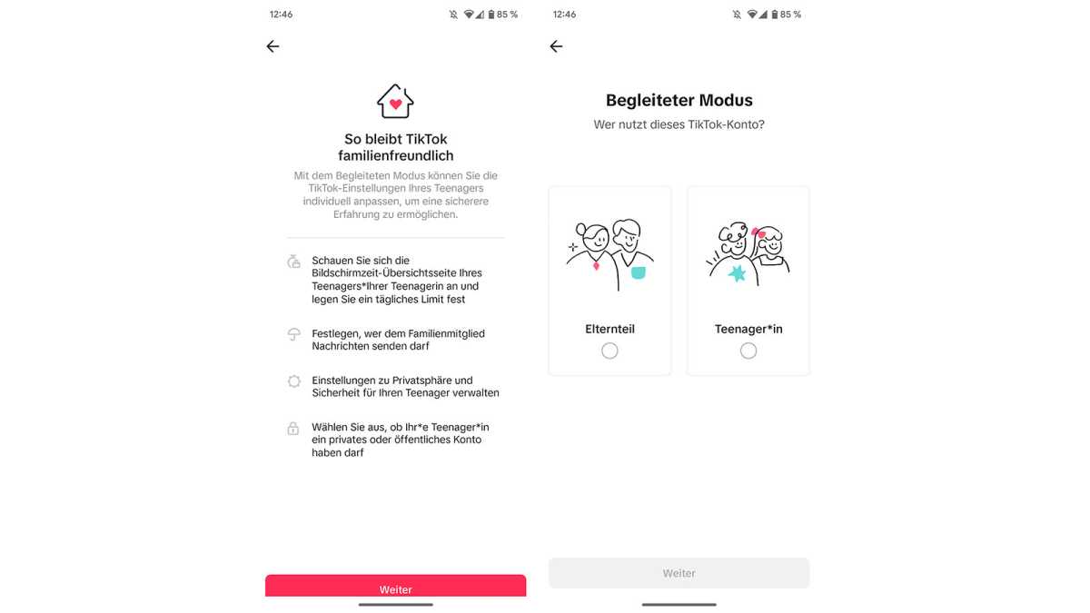 Tiktok Begleiteter Modus Auswahl