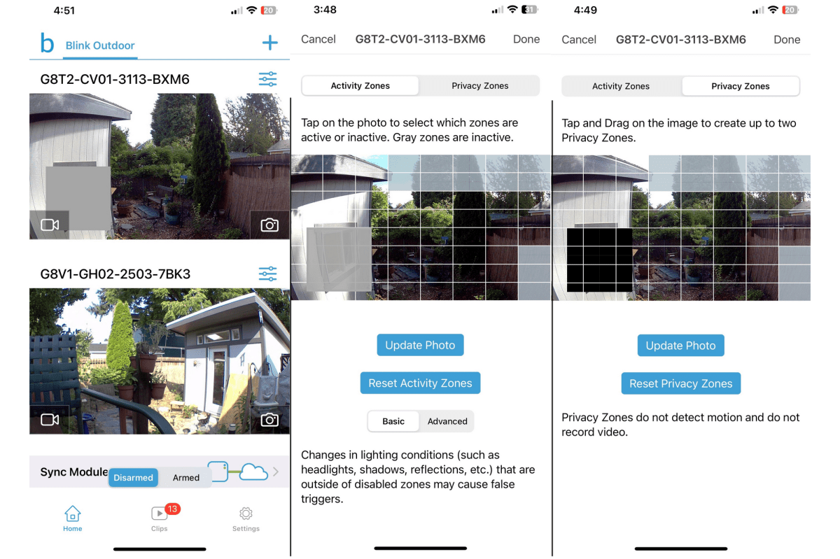Blink app screenshots showing home screen, activity, privacy zones