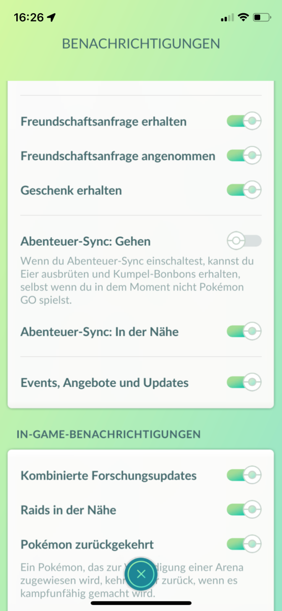 Benachrichtigung-Einstellungen von Pokemon Go
