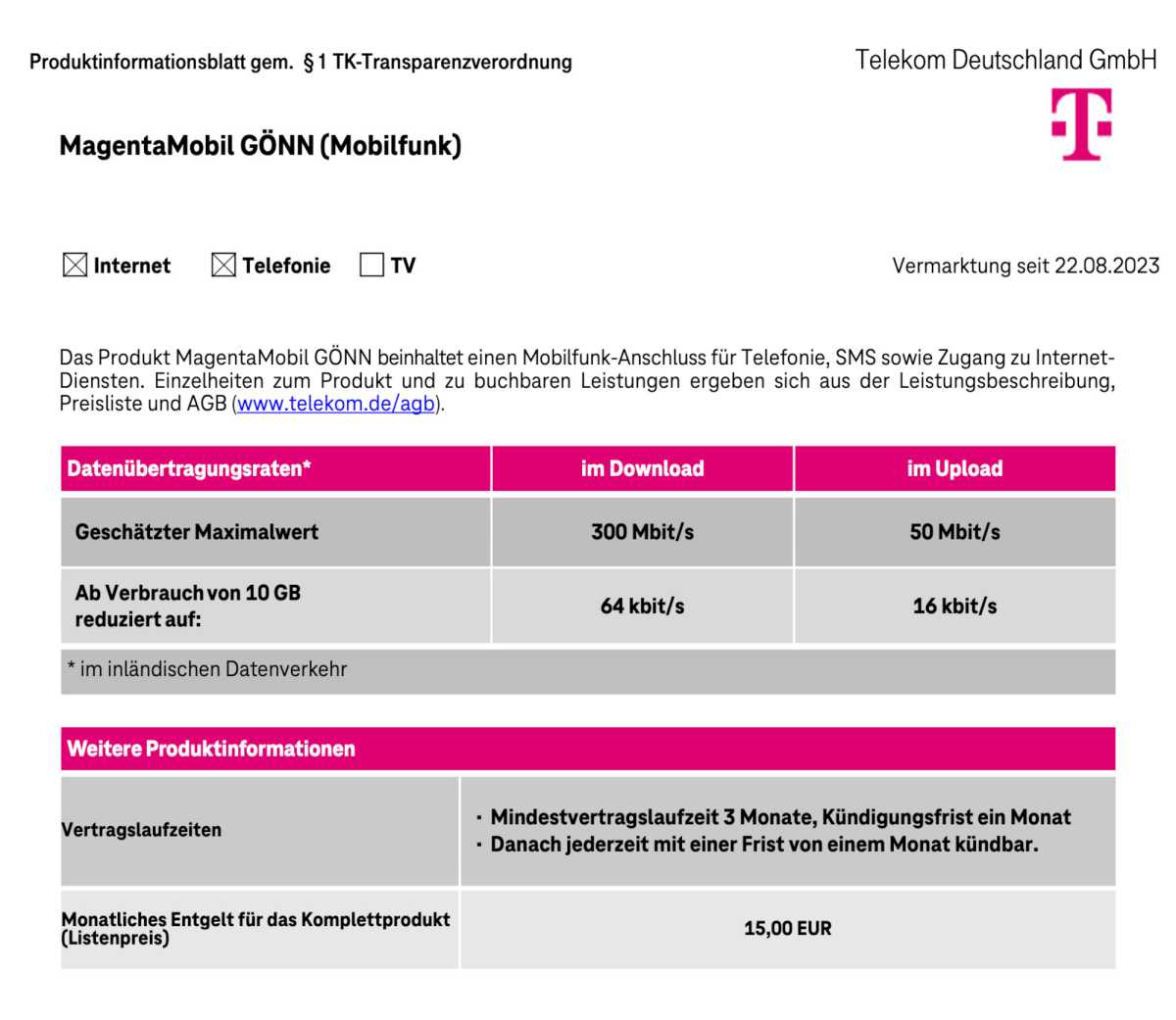 MagentaMobil Gönn Datenblatt