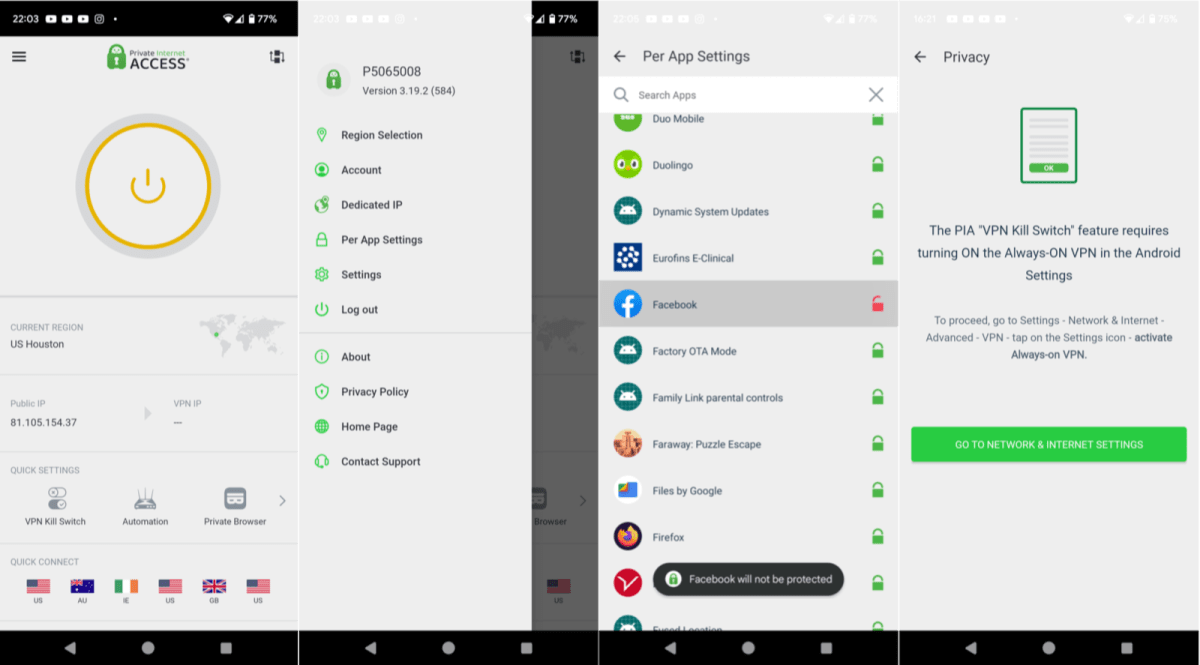 Pantalla de PIA funcionando en un móvil Android