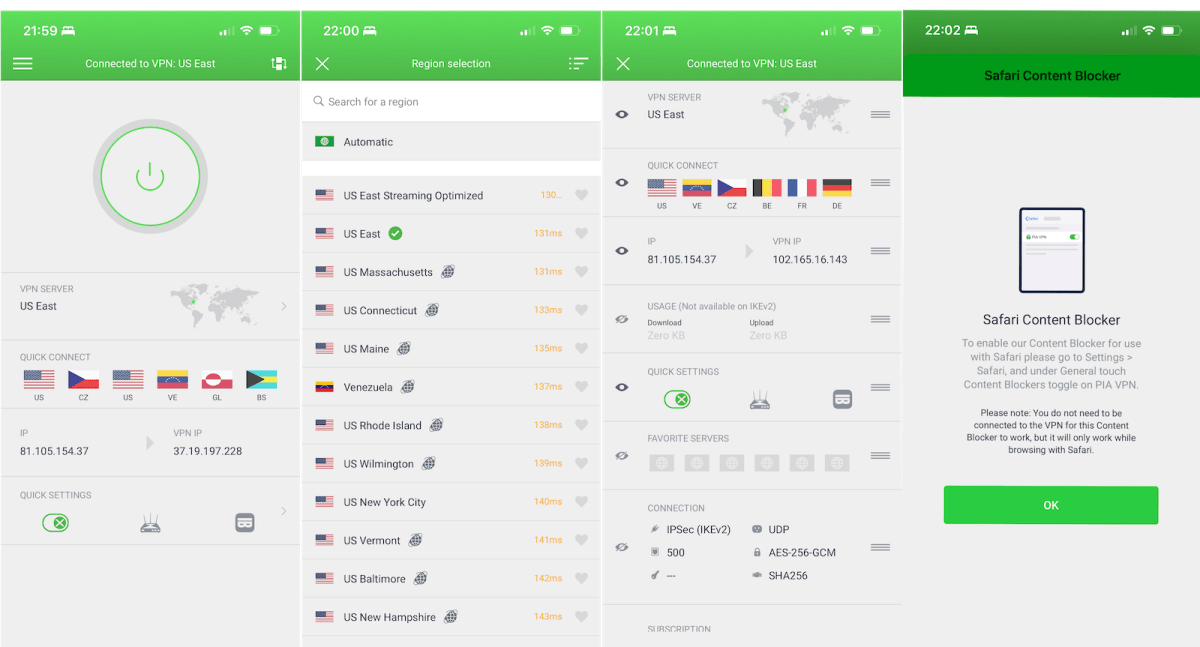 Screengrabs from the PIA iOS app; main connection page, server list, connection information, Safari content blocker settings