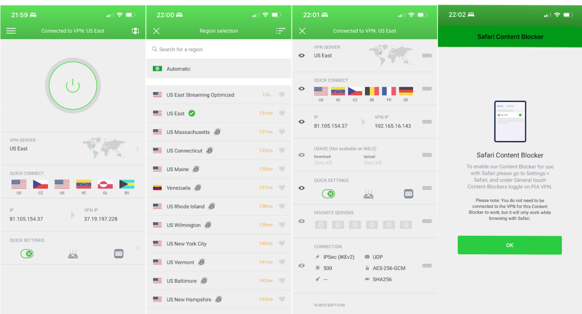 Screengrabs from the PIA iOS app; main connection page, server list, connection information, Safari content blocker settings
