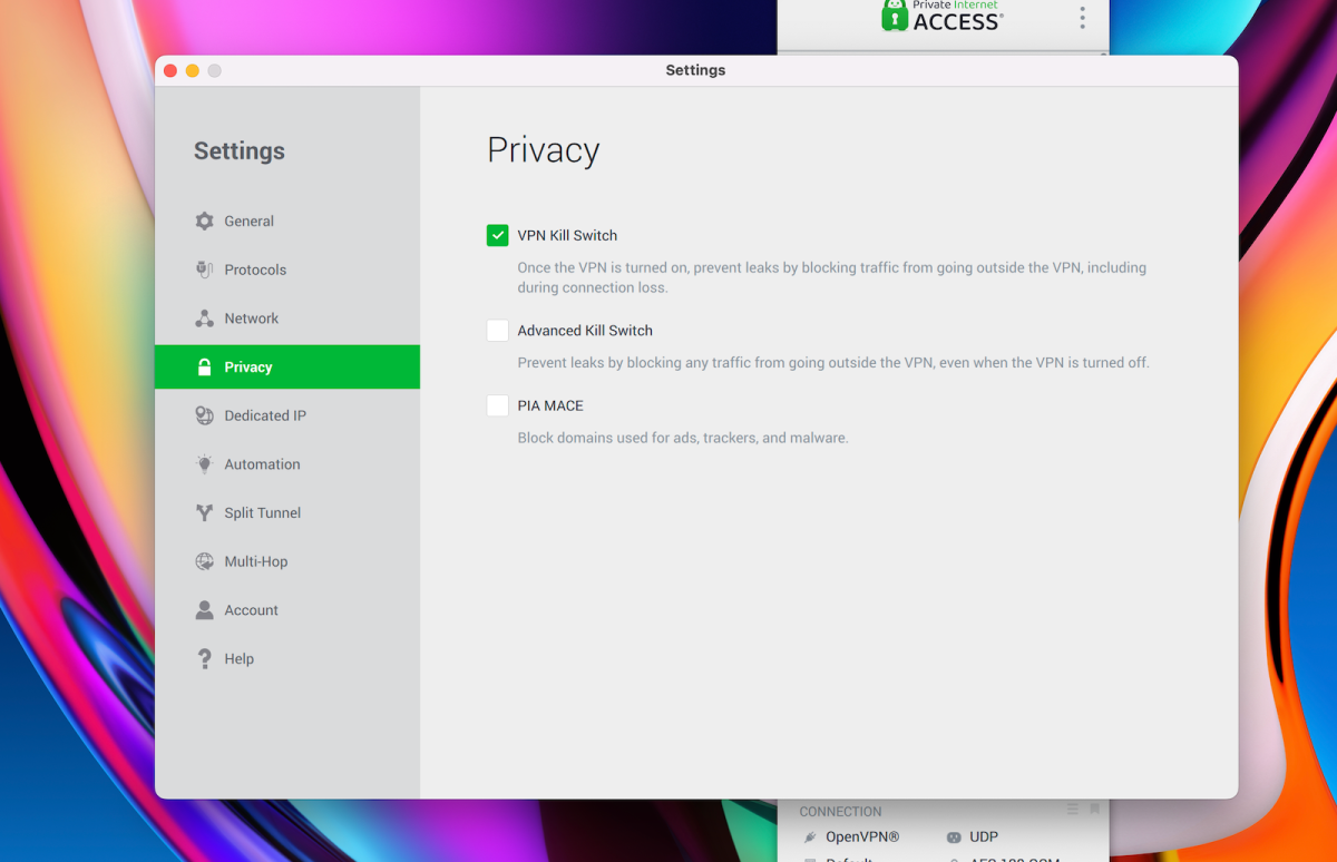 Menú de privacidad de PIA en macOS con sus posibles opciones