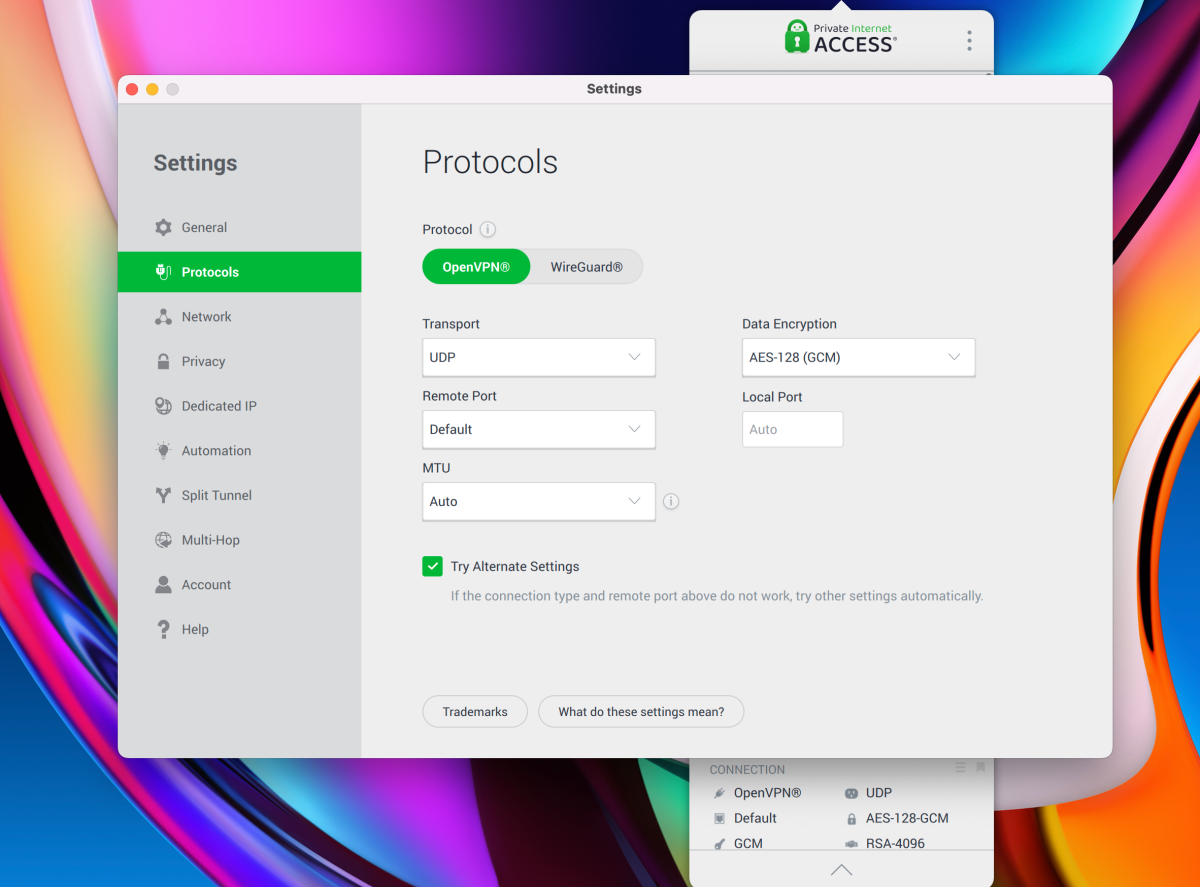 Pantallazo de la aplicación PIA en macOS mostrando los protocolos de VPN