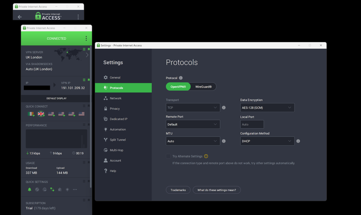 Screengrab of the Windows PIA app, showing off the VPN protcol options; OpenVPN, WireGuard, transport, encryption, MTU, and transport method drop downs