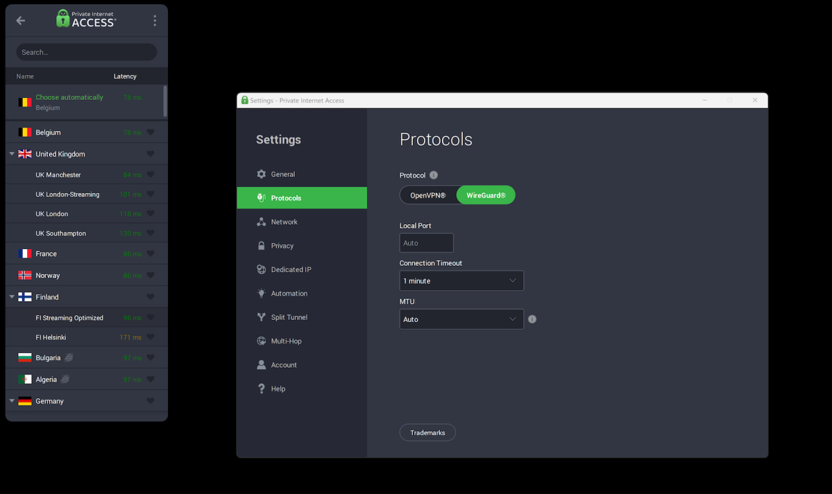 Pantalla de PIA en Windows con la selección del protocolo WireGuard