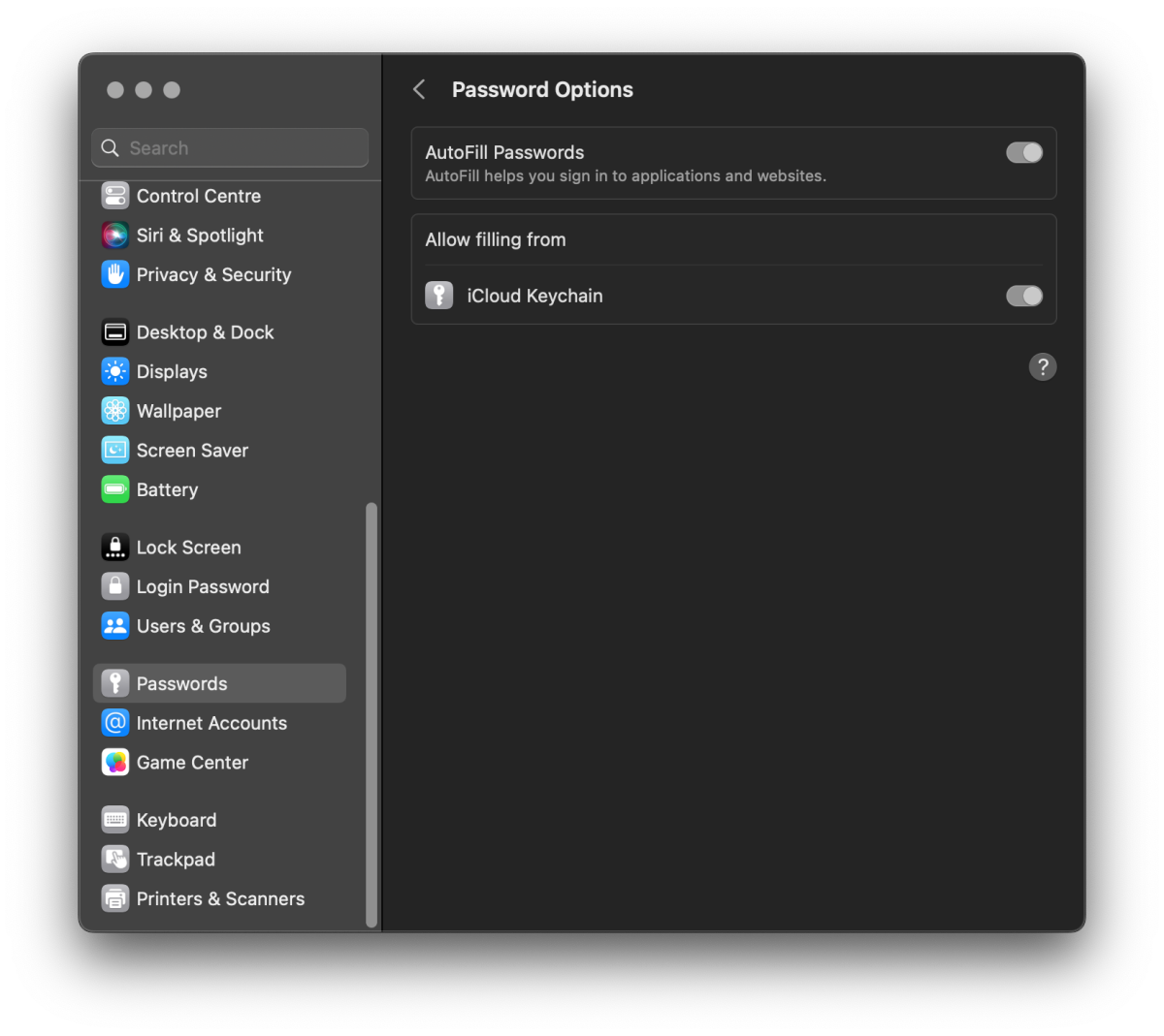 Screenshot of settings on Mac