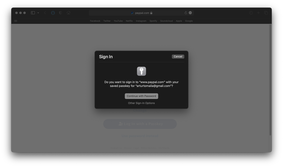 Screenshot of using a passkey on Mac