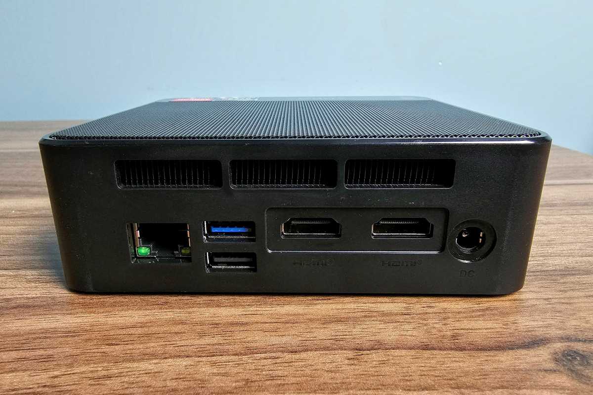 Beelink SER5 Mini rear view showing ethernet, USB ports, and dual HDMI output