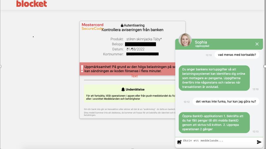 Exempel på en bedräglig falsk Blocket-sida