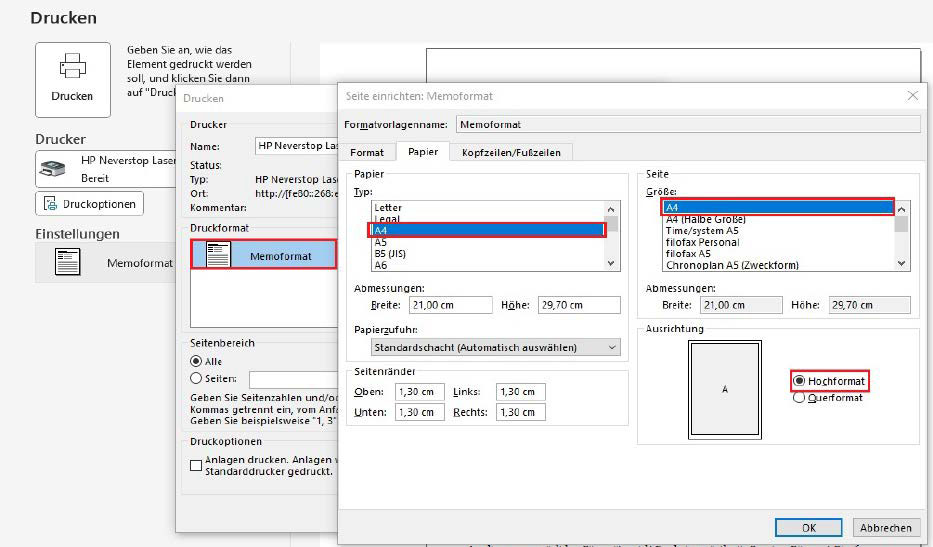 Fürs Drucken von E-Mails verwendet Outlook das Memoformat. Fehlen Textbereiche im Ausdruck, können Sie hier die Einstellungen prüfen und neu festlegen. Sie gelten dann als Default-Druckvorgaben.
