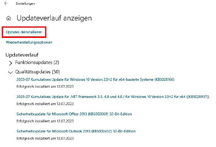 Windows-Updates können Druckerprobleme verursachen. Ein Check lohnt sich, wenn Druckaufträge ins Leere laufen. Ist das Update der Verursacher, deinstallieren Sie es wieder über die Windows-Einstellungen- App.