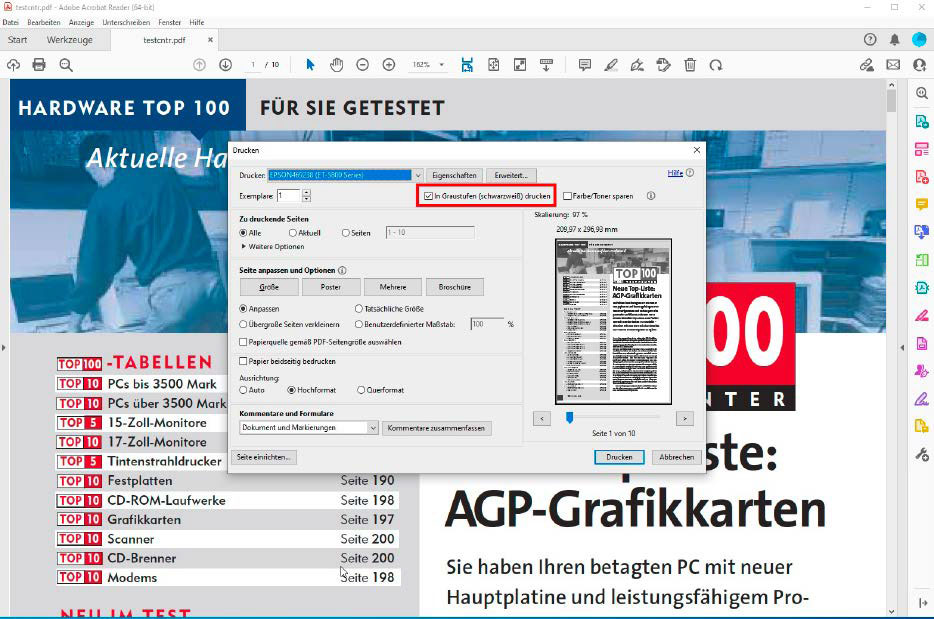 In manchen Programmen wie etwa Acrobat Reader lässt sich der Graustufen-Modus vor dem Drucken explizit festlegen. Das ist praktisch bei ursprünglich farbig angelegten Dokumenten. Die Vorschau zeigt sie nun monochrom an.