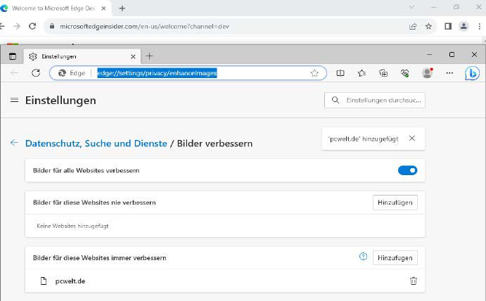 Adieu, sichtbare Pixel: Microsoft Edge kann Bilder im Web hochskalieren und damit verbessern. Die Option muss erst noch hier manuell aktiviert werden und involviert Microsoft- Server.