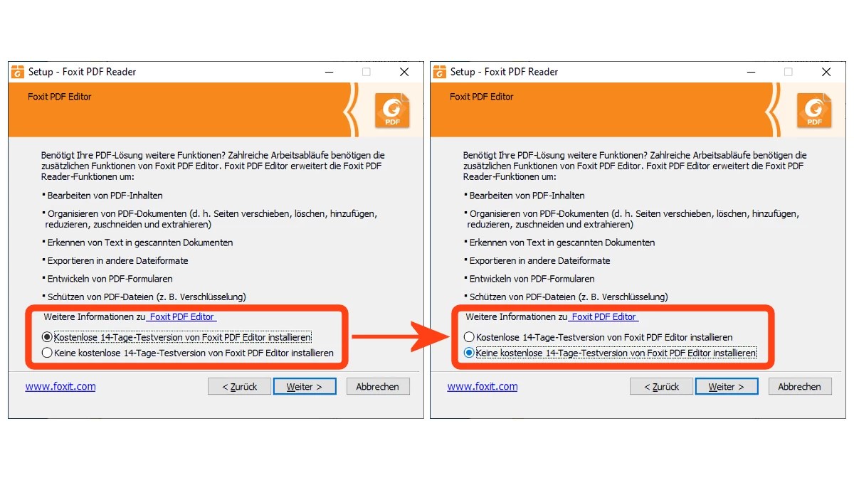 Foxit PDF Reader Setup installiert PDF Editor