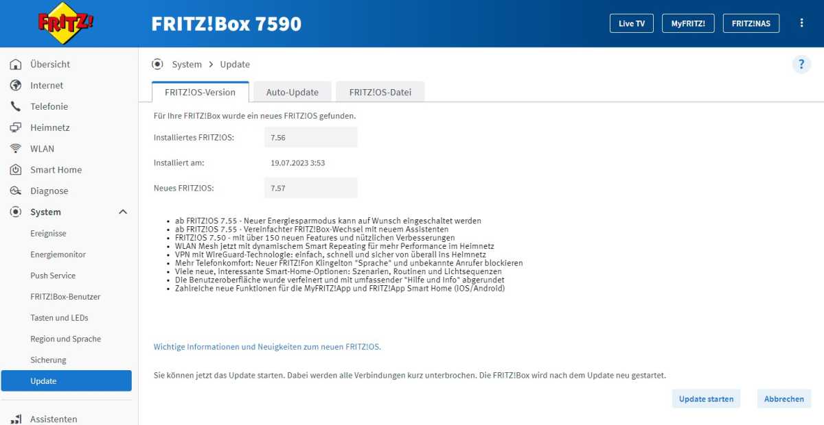 FritzOS 7.57 ist unter anderem für die Fritzbox 7590 jetzt erhältlich