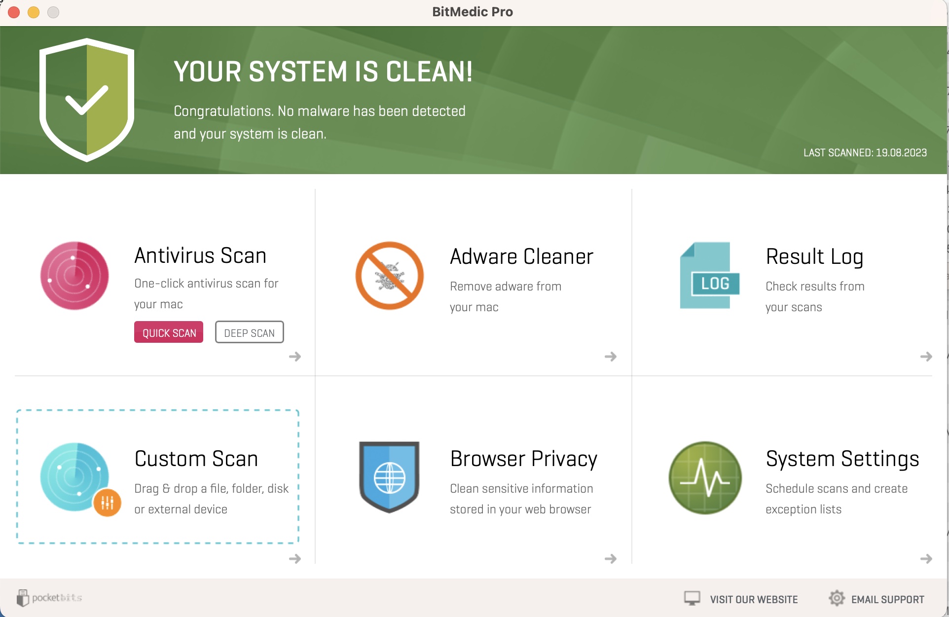 he BitMedic Pro Antivirus home screen, complete with access to all of its modules.