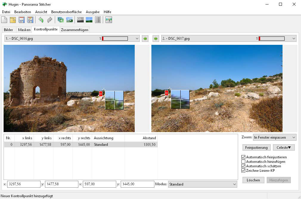 Fügt Bildserien per Mustererkennung weitgehend automatisch zusammen: Hugin errechnet aus Serien benachbarter Bilder eine Szenerie oder ein Panoramabild. Dabei helfen die hier gezeigten Kontrollpunkte.