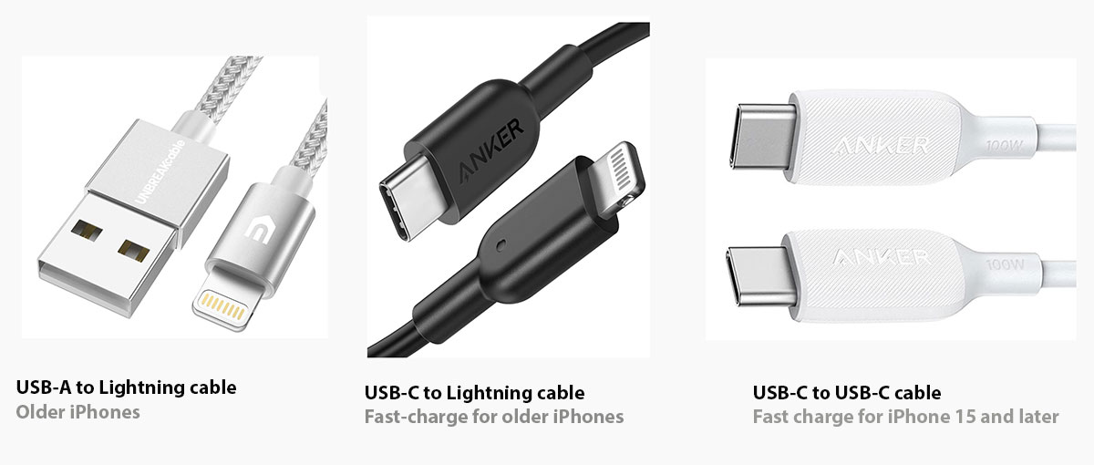 iPhone charging cables USB-A Lightning USB-C