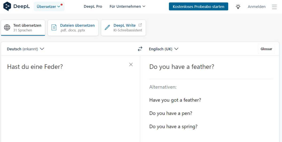 KI für Spezialaufgaben: Bei der Übersetzung kommt künstliche Intelligenz schon länger zum Einsatz. Deepl schlägt Alternativen vor, wenn die Begriffe nicht eindeutig sind.