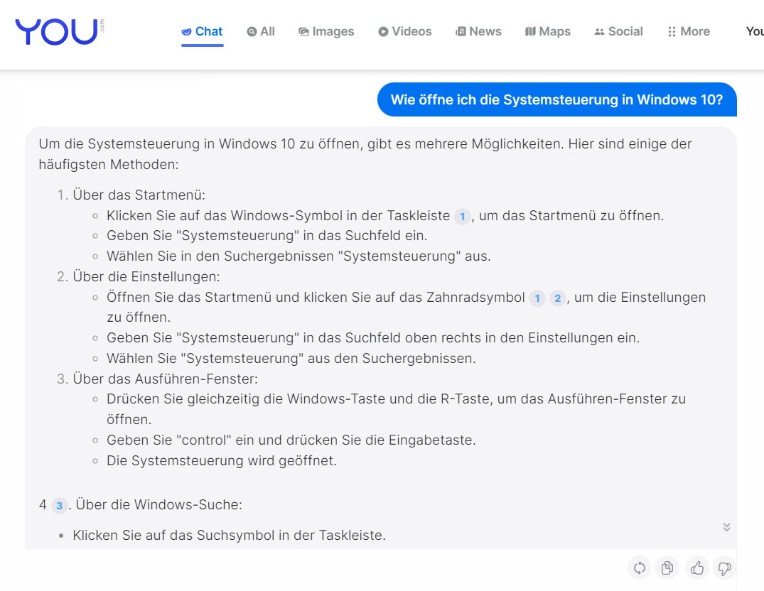 Klare Antwort: You.com liefert eine Schritt-für-Schritt-Anleitung und weist darauf hin, dass die Einstellungen- App die meisten Aufgaben der Systemsteuerung übernommen hat.