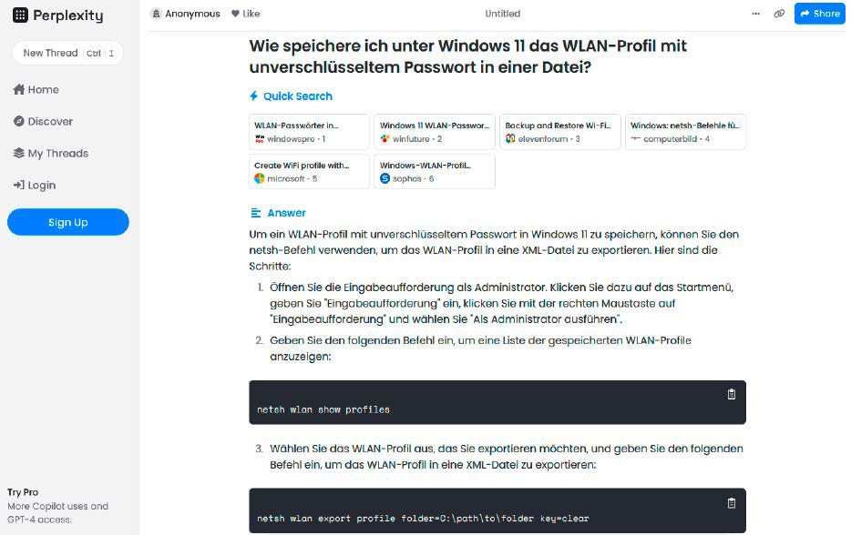 Windows-Befehle: Perplexity AI beherrscht den Umgang mit Netsh souverän. Die Antwort ist nicht nur ausführlich und richtig, sondern auch gut lesbar und strukturiert.