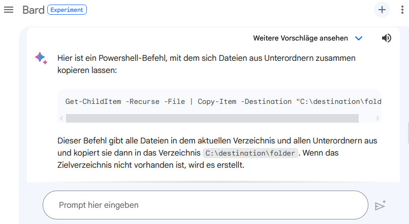 Programmieren mit KI: Ein einfaches Powershell-Script ist für Google Bard keine Herausforderung. Die Antwort ist zwar knapp formuliert, aber richtig.