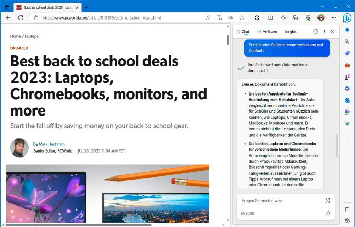 Texte verstehen mit KI: Bing-Chat kann den Inhalt einer gerade aktiven Webseite übersetzen und eine strukturierte Zusammenfassung des Inhalts generieren.