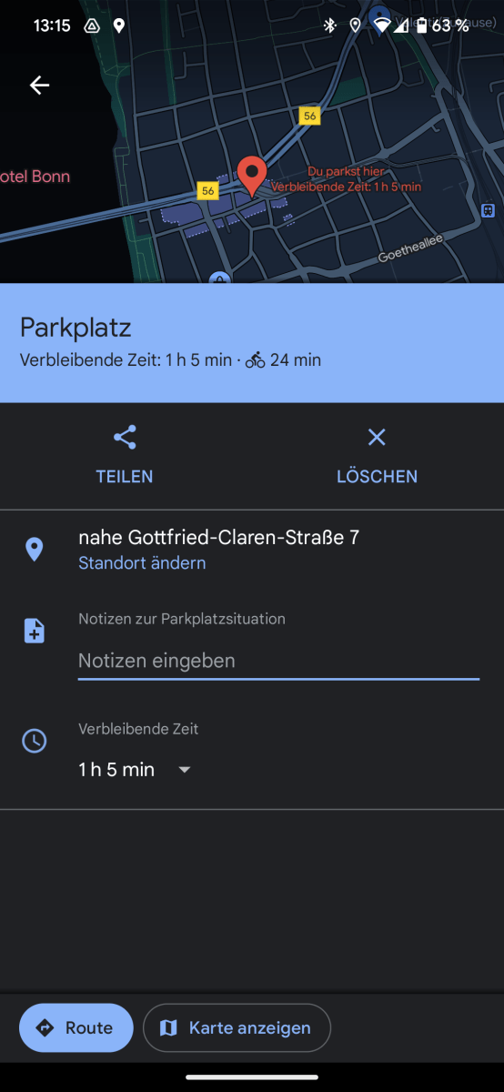 Gogle Maps Parkplatz-Position abspeichern und bei Bedarf teilen