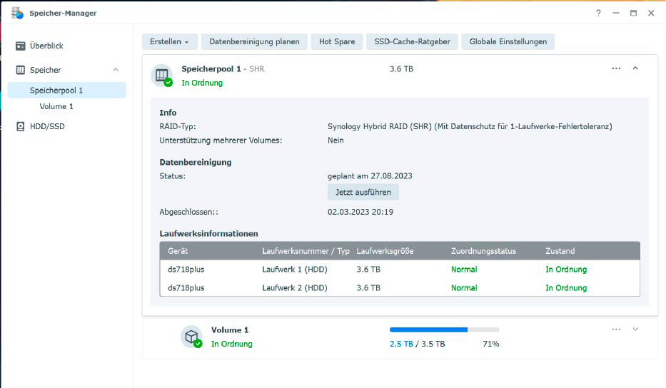 Das Synology Hybrid RAID (SHR) ist eine proprietäre Form von RAID 1: Dieses Format bietet ebenfalls Datensicherheit, falls eines der beiden internen Laufwerke ausfallen sollte.