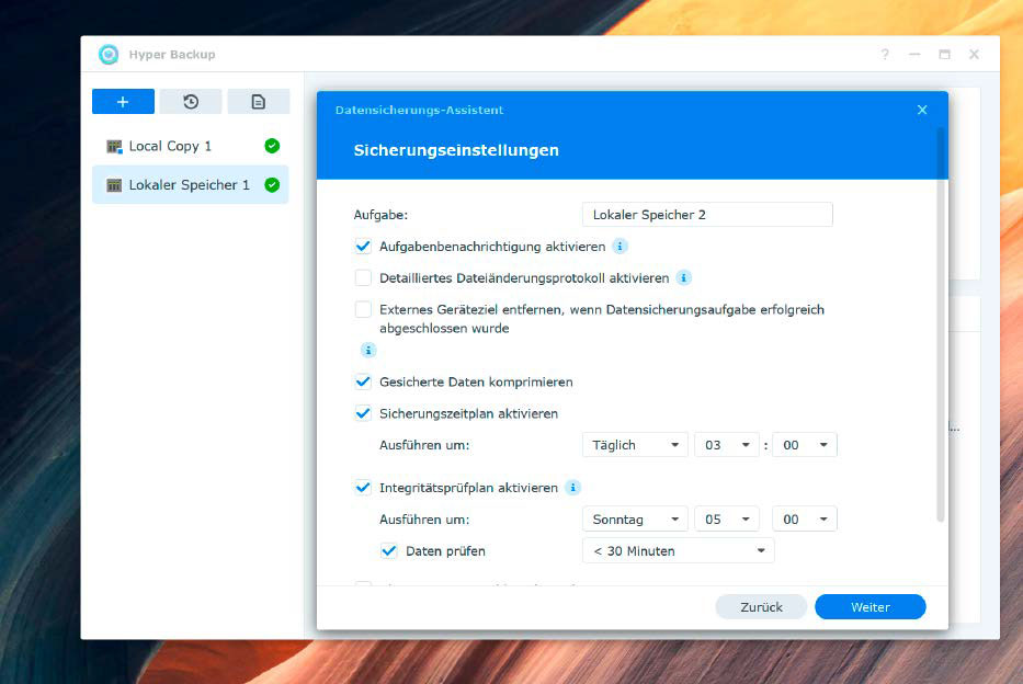 Beim Anlegen eines Backup-Auftrags in einem Synology-NAS empfiehlt es sich, für höhere Zuverlässigkeit grundsätzlich den Sicherungszeitplan und die Integritätsprüfung zu aktivieren.