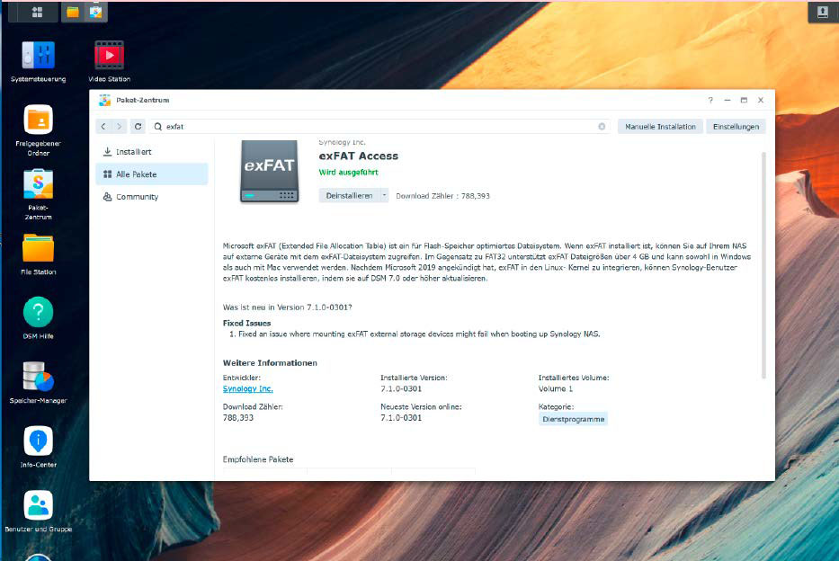 Synology bietet die exFAT-Unterstützung als kostenlose App in seinem Paketzentrum an. So können Sie auf einem USB-Datenträger auch Backups ablegen, die größer als 4 GByte sind.